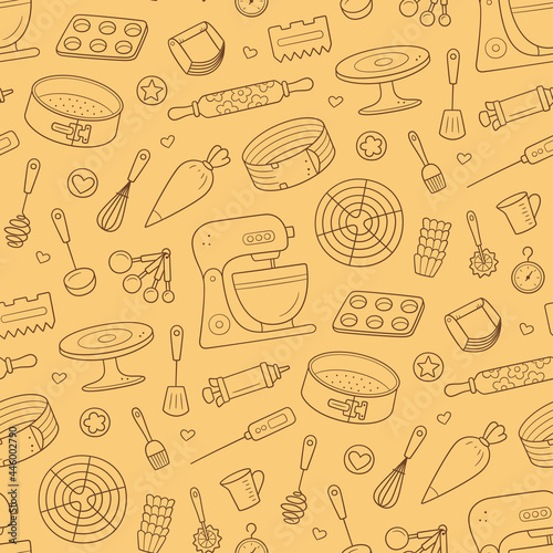 Seamless pattern with tools for making cakes, cookies and pastries. Doodle confectionery tools - stationary dough mixer, baking pans and pastry bag. Hand drawn vector illustration.