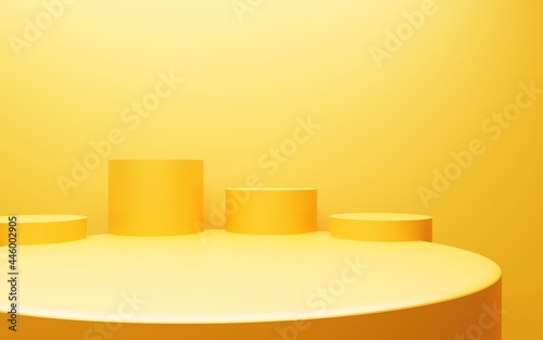 3d rendering of empty yellow orange podium abstract minimal background. Scene for advertising design, cosmetic ads, show, technology, food, banner, cream, fashion,luxury. Illustration. Product display
