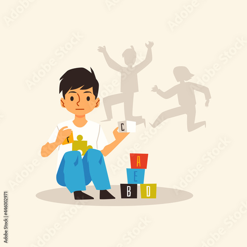 Alone kid boy with autism syndrome playing with toy cubes a vector illustration.
