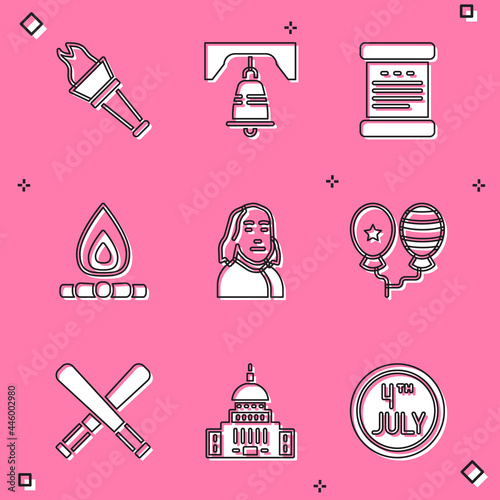 Set Torch flame, Liberty bell in Philadelphia, Declaration of independence, Campfire, Benjamin Franklin, Balloons, Crossed baseball bat and White House icon. Vector