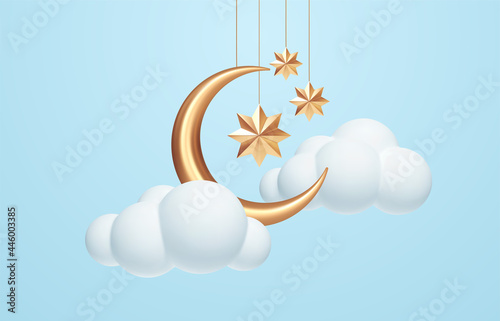 Crescent moon, golden stars and white clouds 3d style isolated on blue background. Dream, lullaby, dreams background design for banner, booklet, poster. Vector illustration