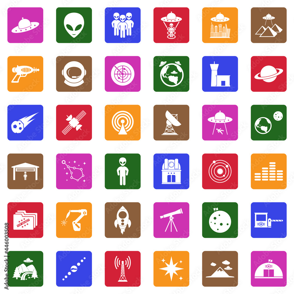Alien Icons. White Flat Design In Square. Vector Illustration.