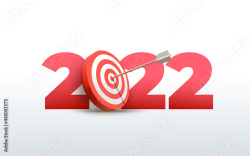 2022 New Year realistic target and goals with symbol of 2022 from red archery target, arrows archer and number. Resolution and target for new year 2022 concept. Vector illustration on white background