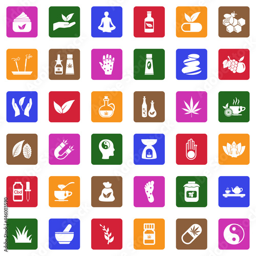 Alternative Medicine Icons. White Flat Design In Square. Vector Illustration.