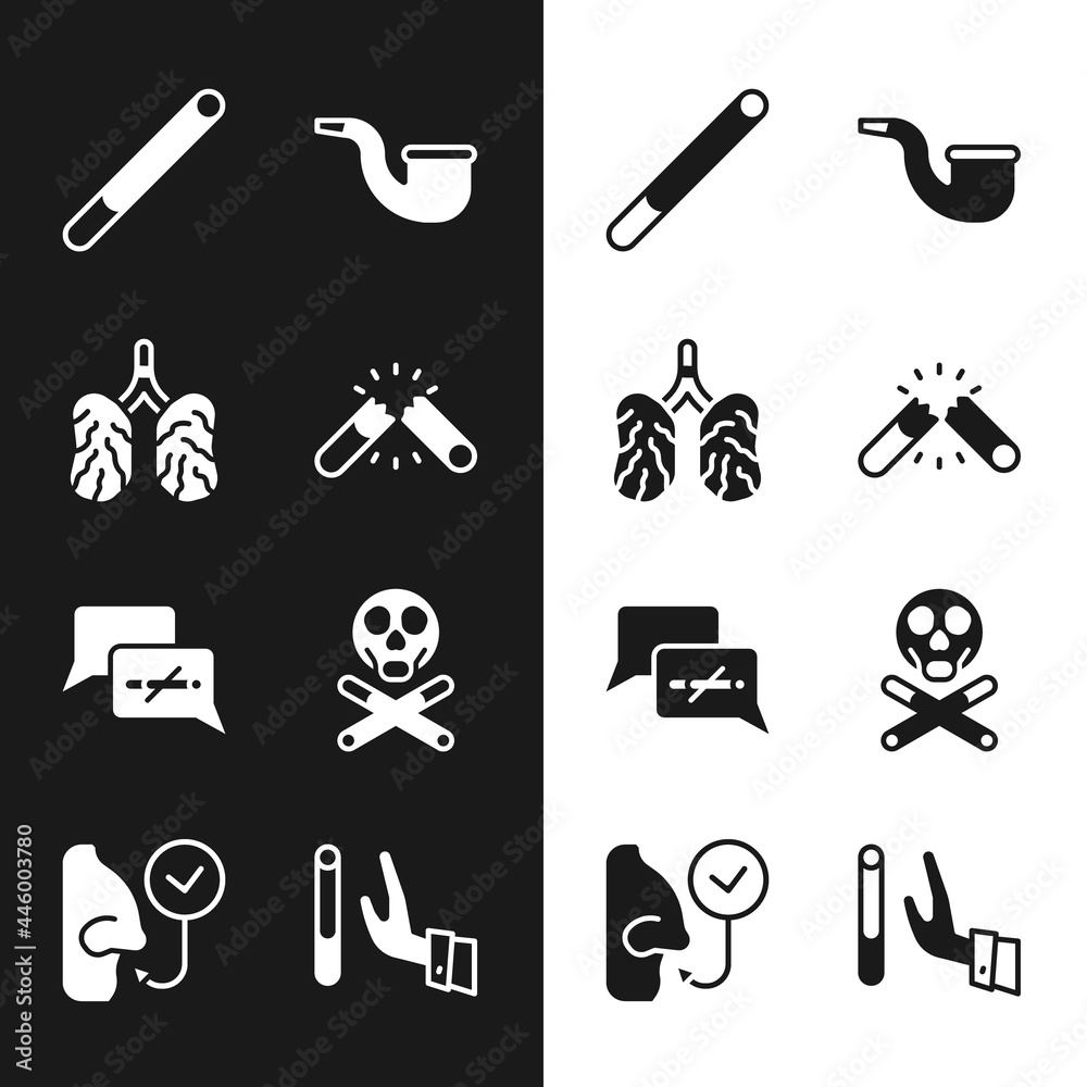 Set Broken cigarette, Disease lungs, Cigarette, No pipe smoking, Bones and skull, Giving up and Healthy breathing icon. Vector Set Broken cigarette, Disease lungs, Cigarette, No pipe smoking, Bones and skull, Giving up and Healthy breathing icon. Vector