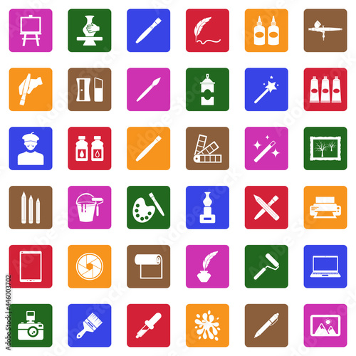 Art Studio Icons. White Flat Design In Square. Vector Illustration.