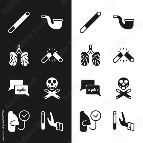 Set Broken cigarette, Disease lungs, Cigarette, No pipe smoking, Bones and skull, Giving up and Healthy breathing icon. Vector