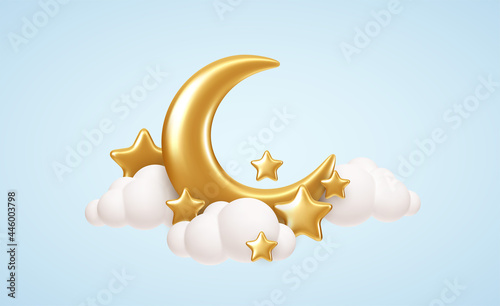 Crescent moon, golden stars and white clouds 3d style isolated on blue background. Dream, lullaby, dreams background design for banner, booklet, poster. Vector illustration