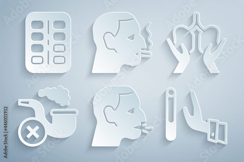 Set Man coughing, Lungs, Smoking pipe with smoke, Giving up cigarette, smoking and Nicotine gum blister pack icon. Vector