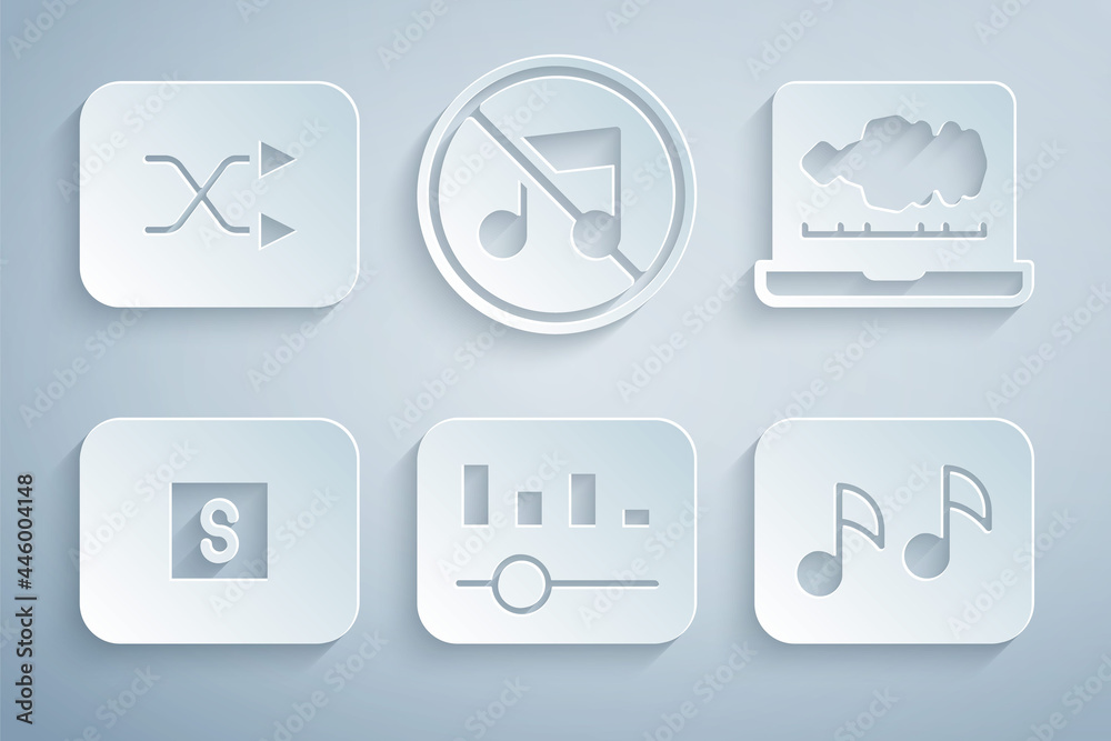Set Music equalizer, Sound or audio recorder, Stop media button, note, tone, Speaker mute and Arrow shuffle icon. Vector Set Music equalizer, Sound or audio recorder, Stop media button, note, tone, Speaker mute and Arrow shuffle icon. Vector