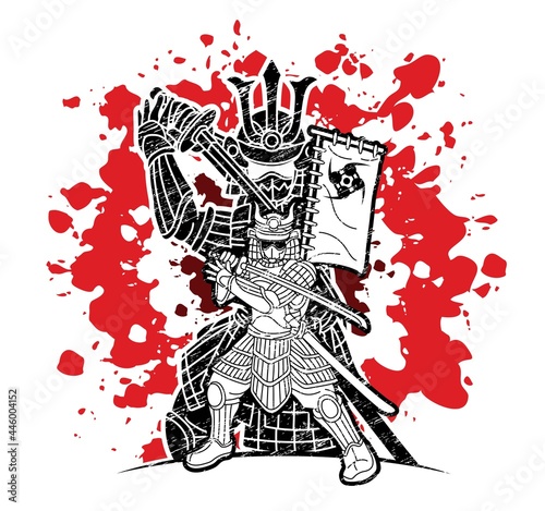 Group of Samurai Warrior Ronin with Weapon and Armor Action Ready to Fight Cartoon Graphic Vector