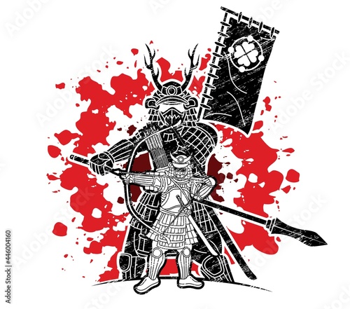 Group of Samurai Warrior Ronin with Weapon and Armor Action Ready to Fight Cartoon Graphic Vector