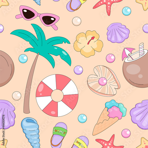 Seamless seashells and starfish pattern. Vector tropical pattern with beach stuff - flip flops, sea shells, sunglasses pears, coconut and ice cream. Summer time tropical background pattern.