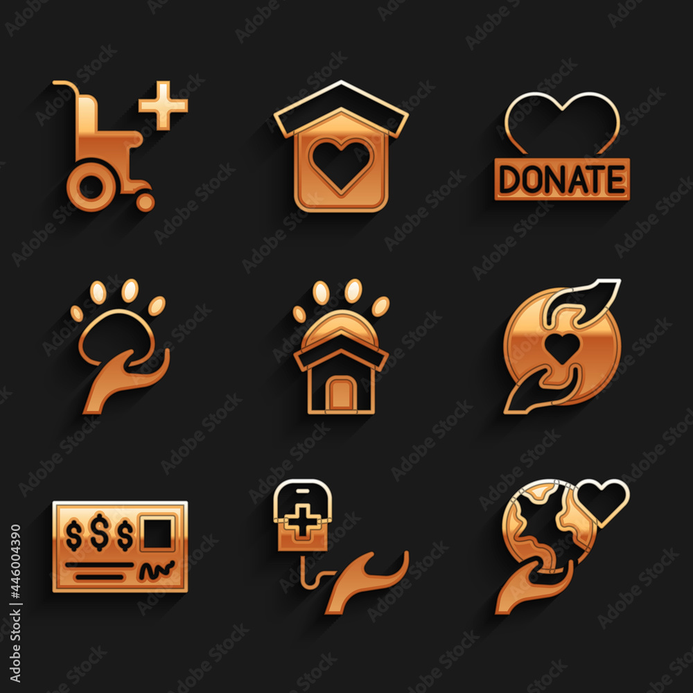 Set Animal shelter house, Blood donation, Hand holding Earth globe, Pleasant relationship, Bank check, volunteer, Donation charity and Wheelchair for disabled person icon. Vector Set Animal shelter house, Blood donation, Hand holding Earth globe, Pleasant relationship, Bank check, volunteer, Donation charity and Wheelchair for disabled person icon. Vector