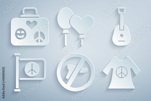 Set No war, Guitar, Flag peace, Peace dress print stamp, Balloons and Suitcase for travel icon. Vector