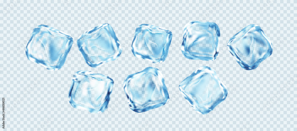 Set of Realistic Ice Cubes Isolated on White Transparent Background. Real transparent ice effect. Vector illustration