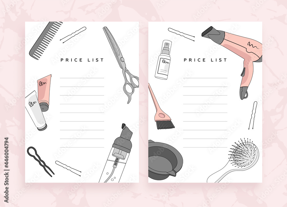 Beauty saloon price list template with different tools and hair products. Vector illustration - obrazy, fototapety, plakaty 