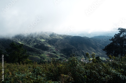 Mountains and rural villages in the rain