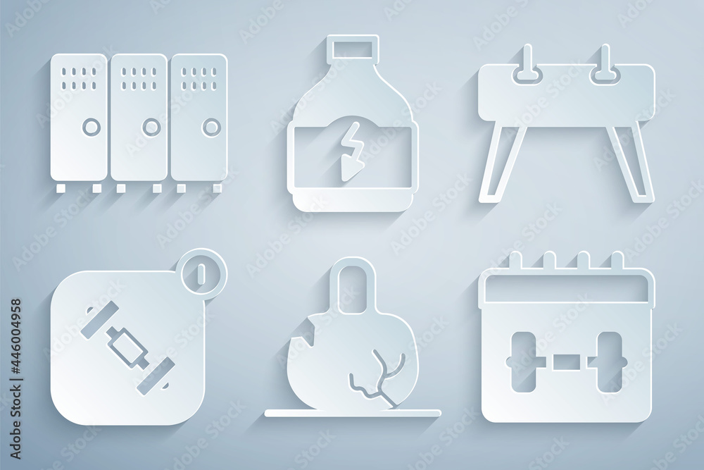 Set Broken weight, Pommel horse, Fitness app, Calendar fitness, Sports nutrition and Locker changing room icon. Vector Set Broken weight, Pommel horse, Fitness app, Calendar fitness, Sports nutrition and Locker changing room icon. Vector