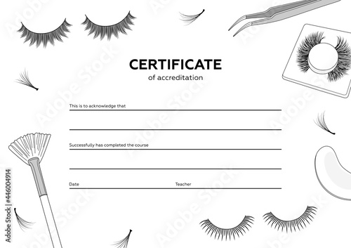 Diploma eyelash extensions. Makeup certificate template. Beauty school or refresher courses for beautician. Vector illustration