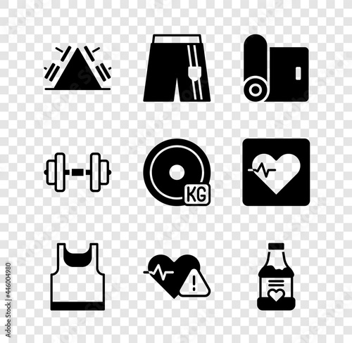 Set Metal rack with weight, Short or pants, Fitness mat roll, Sleeveless t-shirt, Heart rate, Vitamins, Dumbbell and Weight plate icon. Vector