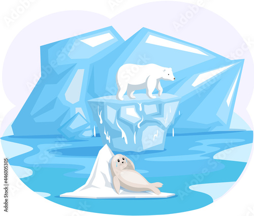 Seal and polar bear on top of ice floe. Wild animals need help on melting glacier in antarctica. Fur-seal lies on iceberg suffer from climate change and global warming, iceberg turns into water