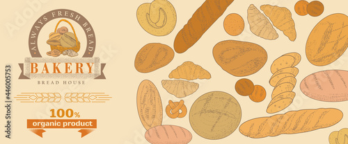 A collection of bread and bakery confectionery products. Rye, wheat and whole grain bread. French baguette and wicker bun. Croissants, bagels, slices of bread. The concept of a bakery in a retro style