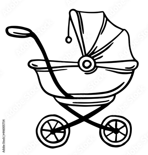 One continuous single drawing line art flat doodle carriage, stroller, wheel, baby, buggy, childhood, newborn. Isolated image hand draw contour on a white background