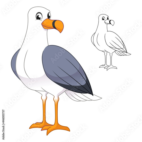 Cute Gull Seagull Standing with Line Art Drawing