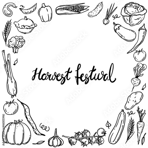Autumn harvest flat vector banner template. hand drawn lettering. Decorative vegetables doodle sketch. Celebrating harvest gathering fest, festival poster, postcard design element