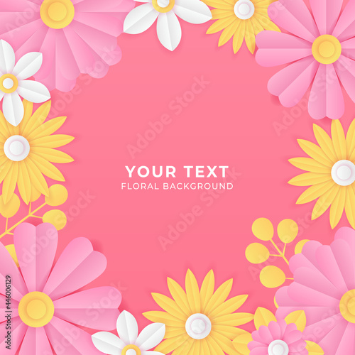 Fototapeta Naklejka Na Ścianę i Meble -  Social media post template with floral paper cut style element. Pink vector banner design templates in simple modern style with copy space for text, flowers and leaves. Wedding invitation backgrounds