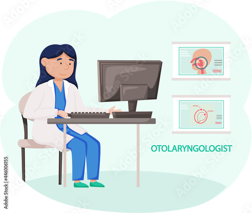 Otolaryngologist doctor with nose, ear and throat or ENT diagnostic and treatment instruments. Otology doctor with patient. Otorhinolaryngology healthcare medicine or otolaryngology diseases