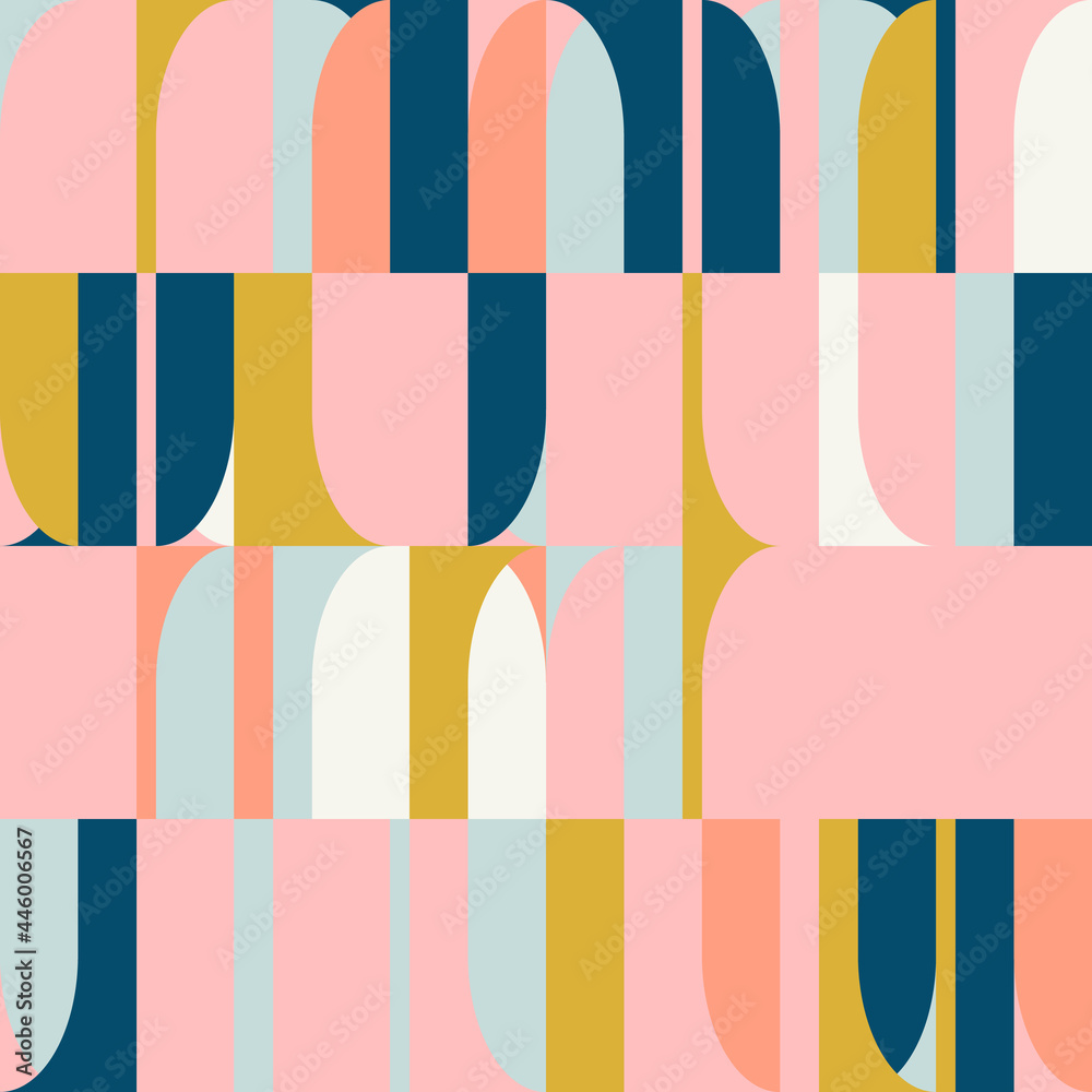Mid-century geometric abstract vector seamless pattern with simple shapes and retro color palette. Simple composition for web design, branding, invitations, posters, textile and wallpaper.