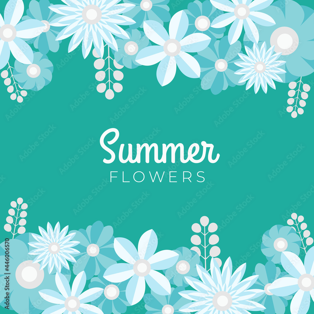 Spring summer autumn fall floral paper cut background for the design of flowers with green Tosca and blue color. Vector illustration