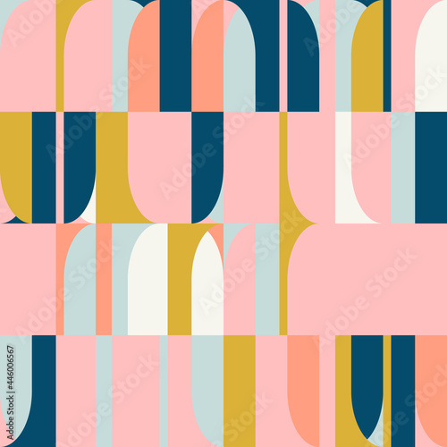 Obraz na płótnie Mid-century geometric abstract vector seamless pattern with simple shapes and retro color palette. Simple composition for web design, branding, invitations, posters, textile and wallpaper. w salonie