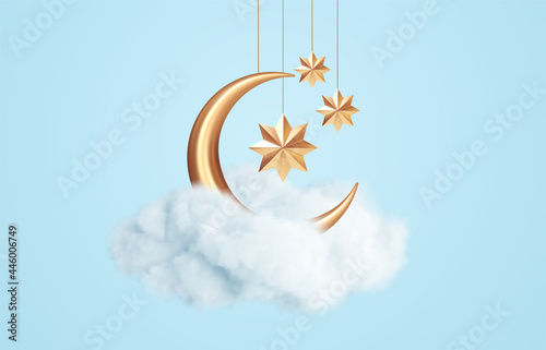 Crescent moon, golden stars and white clouds 3d style isolated on blue background. Dream, lullaby, dreams background design for banner, booklet, poster. Vector illustration