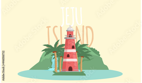 Jeju island in South Korea, tourist tour banner. Summer vacation, active tour with famous attraction, adventure time. Layout of postcard to island for travelers. Jeju, Korean nature and landscape
