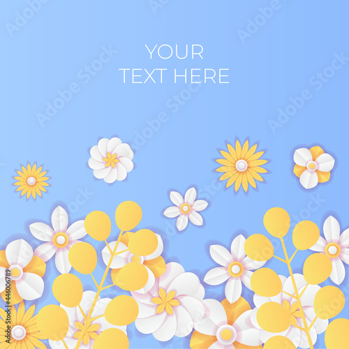 Fresh floral summer background with calm gradient color. Social media post template with flowers paper cut style. Can be use for fashion ads  cosmetic  branding  greeting card