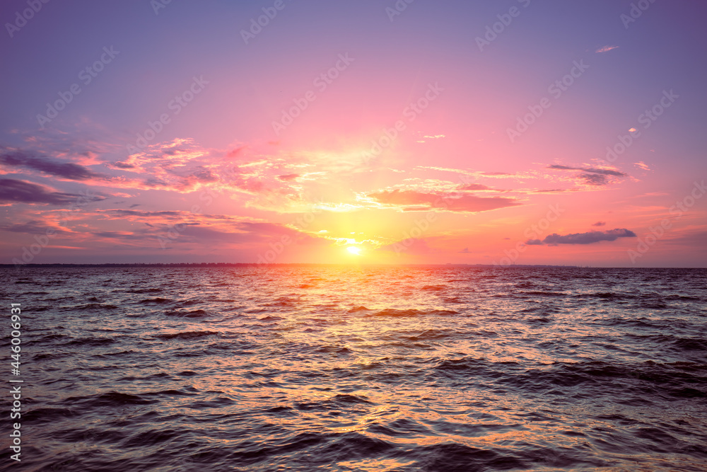 Seascape in the early morning. Sunrise over the sea. Natural landscape