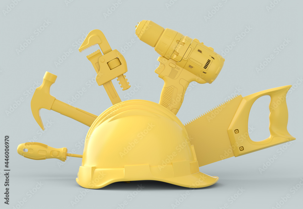 Isometric view of monochrome construction tools for repair on grey and yellow