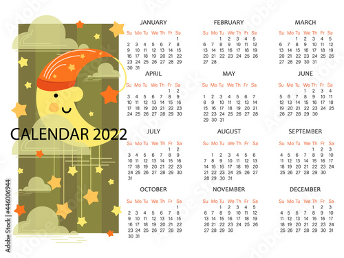 Month. Moon calendar. 2022. Vector calendar template for planners notebook, business project.