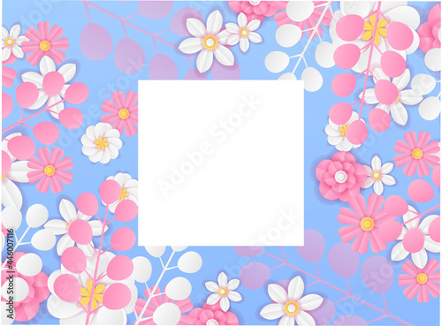 Fresh floral summer background with calm gradient color. Social media post template with flowers paper cut style. Can be use for fashion ads, cosmetic, branding, greeting card