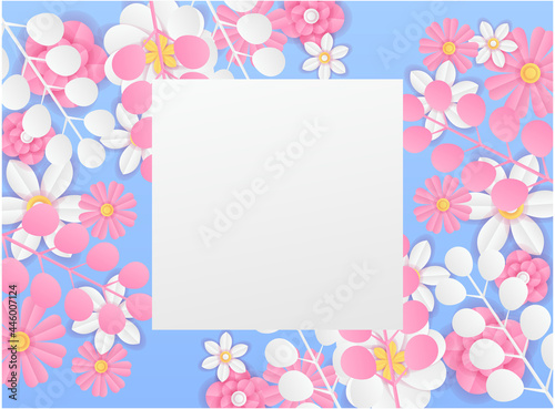 Fresh floral summer background with calm gradient color. Social media post template with flowers paper cut style. Can be use for fashion ads, cosmetic, branding, greeting card