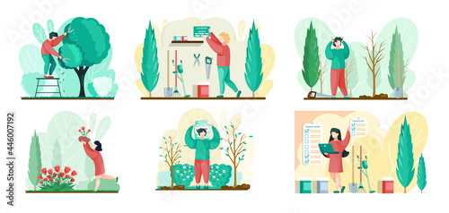 Seasonal gardening with characters of gardeners working in outdoor garden scenes set with people growing plants and flowers. Agriculture organic garden tillage and farming, plant care, gardening hobby