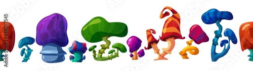 Seamless border with multicolored fantasy magic mushrooms a vector illustration.
