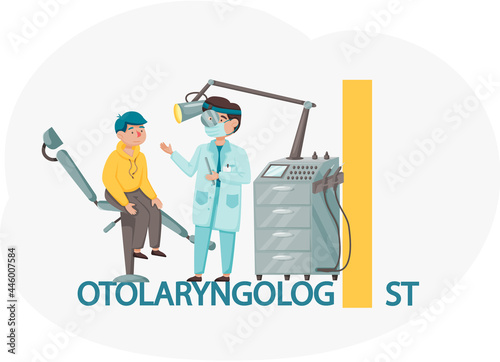 Otolaryngologist doctor with nose, ear and throat or ENT diagnostic and treatment instruments. Otology doctor with patient. Otorhinolaryngology healthcare medicine or otolaryngology diseases