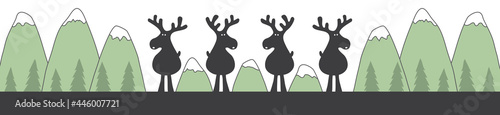lustige Rentiere Gruppe Weihnachten Banner Silhouette in schwarz und im Hintergrund schneebedeckte Berge und Wald Landschaft in grün, Cartoon Vektor Illustration