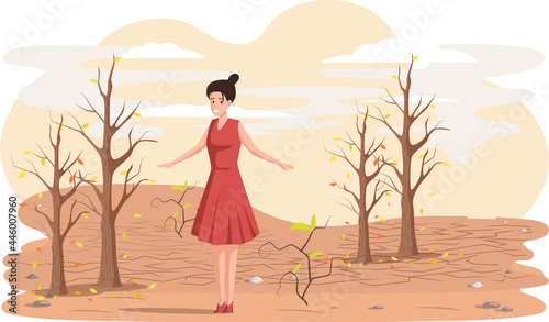 Dried, hot and lifeless land with cracks. Change climate concept, environmental pollution theme with sad woman stands near withered tree felling and urban growth, dead plant, spoiled ecology