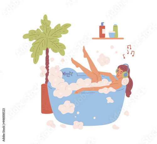 Woman in bath enjoys time for herself at home, flat vector illustration isolated.