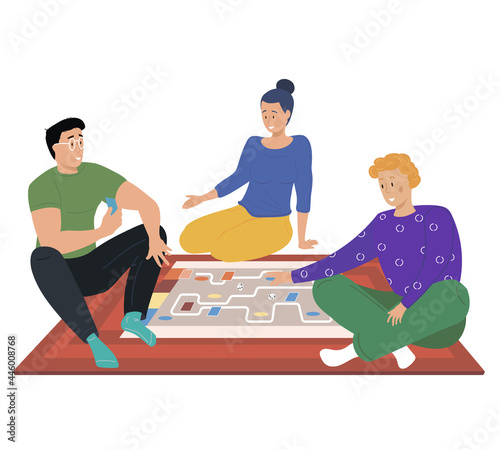Friends playing games, map with cards, home party challenge and strategy concept. Cartoon characters have great time together. People roll dices and go to finish along way. Map with path to finish